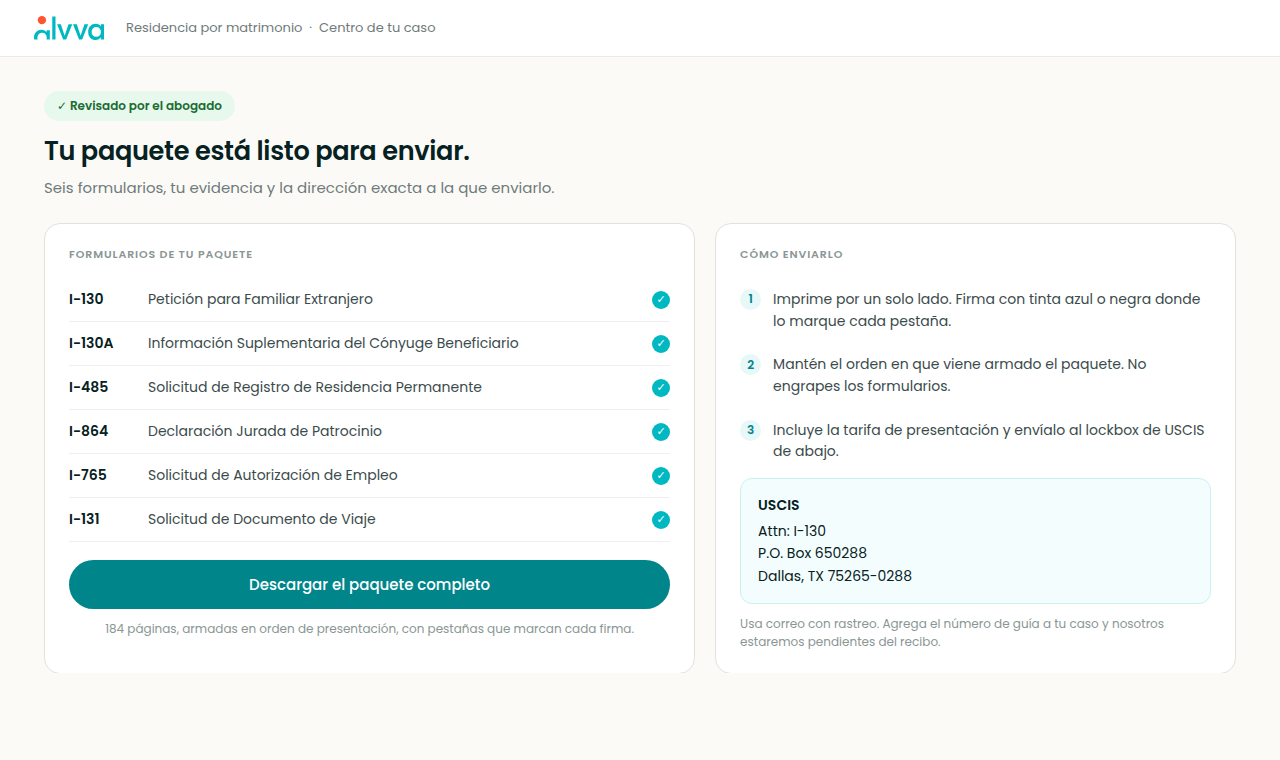 El centro de caso de Alvva con el paquete terminado y las instrucciones para enviarlo a USCIS.